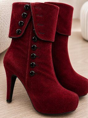 Red Suede Stiletto Bootie Button Fold-Over Ankle Boot Sz 8 | Dark Romance Gothic
